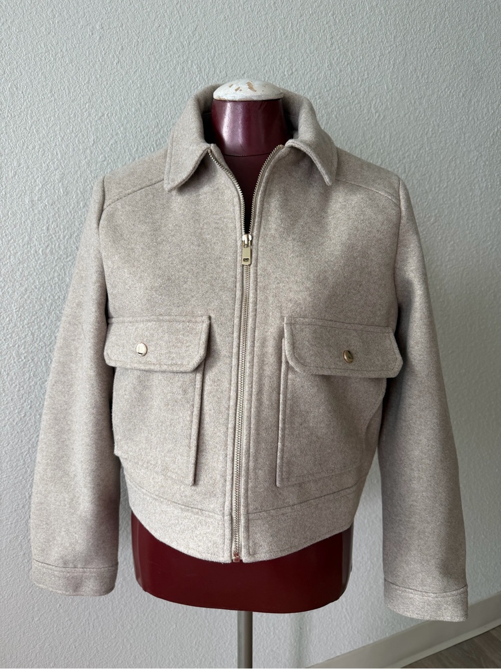 Zara Beige Wool Zip Jacket - Casual Crop Coat size Large - Picture 9 of 12